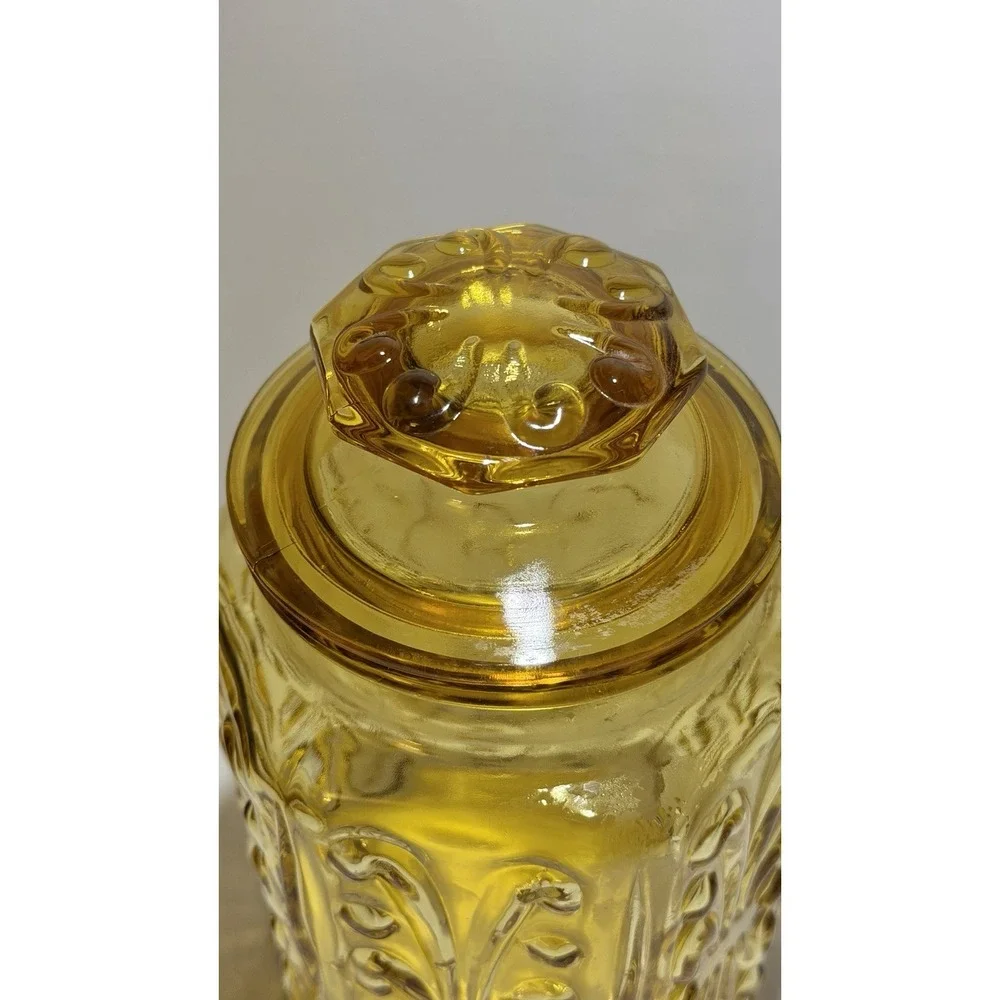 Vintage LE Smith Amber Gold Glass Lidded Canister Imperial Scroll norubber Seal
